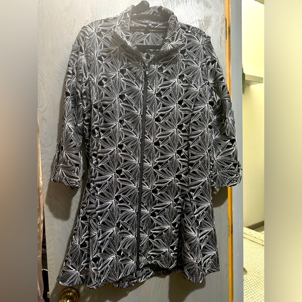 Embroidered Lazer Cut Evening Jacket with silver flowers embroidered thread